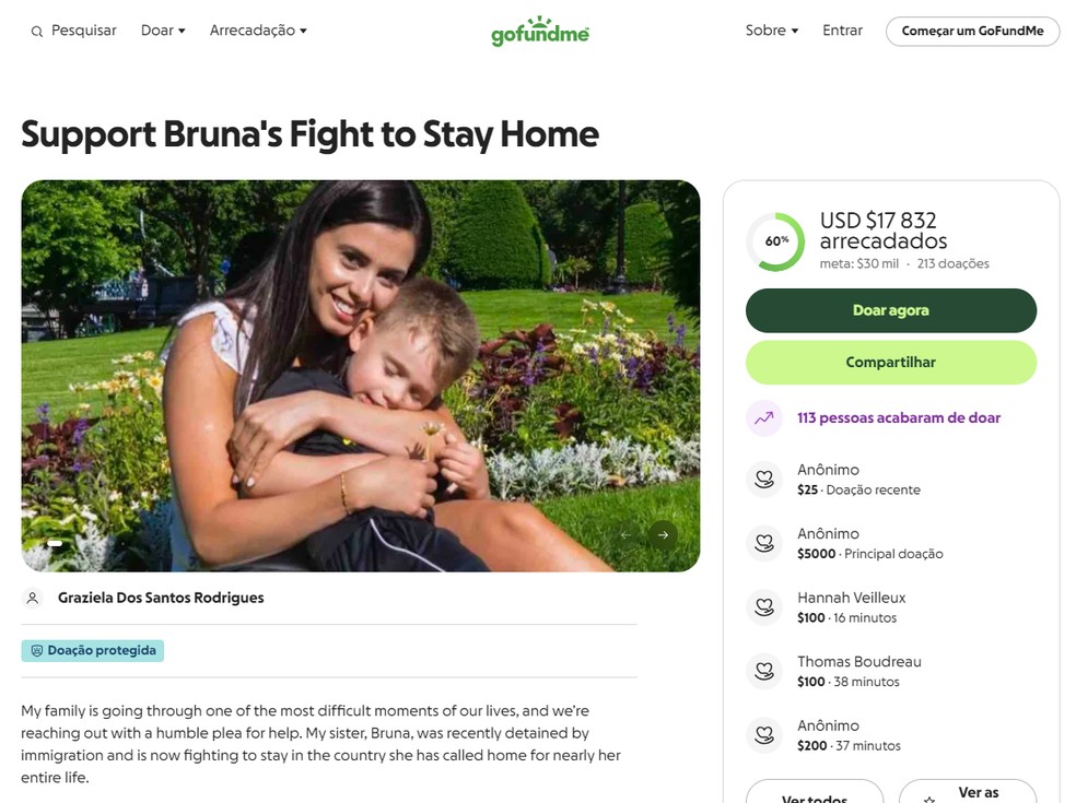 Página criada em site de vaquinhas para arrecadar dinheiro para ajudar Bruna a permanecer nos EUA — Foto: Reprodução