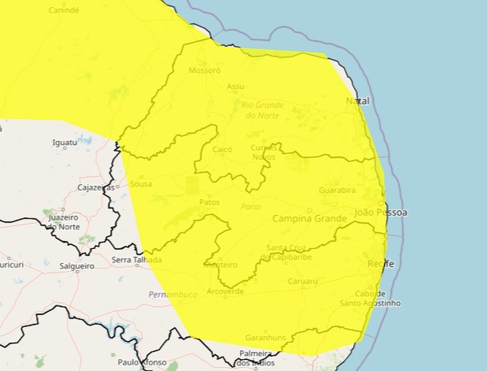 Inmet renova alertas de chuvas intensas para quase todas as cidades da PB — Foto: Divulgação/Inmet