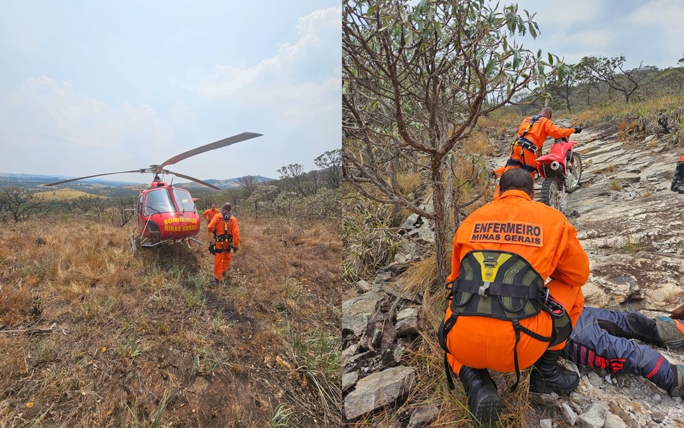 Trilheiro é resgatado pelo helicóptero dos bombeiros após cair de moto em serra na zona rural de São Tomé das Letras — Foto: Corpo de Bombeiros