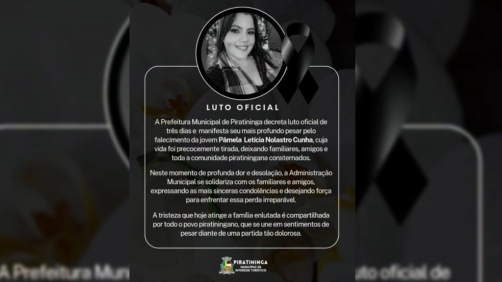3 de 7
Prefeitura Municipal de Piratininga (SP) decreta luto oficial de tr&ecirc;s dias ap&oacute;s morte de motorista de aplicativo encontrada morta &mdash; Foto: Prefeitura Municipal de Piratininga/Reprodu&ccedil;&atilde;o