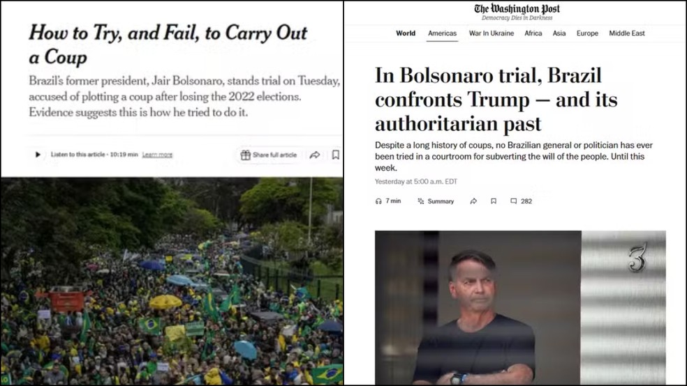 Reportagem do NYT e Washington Post sobre 1º dia de julgamento de Bolsonaro — Foto: Reprodução