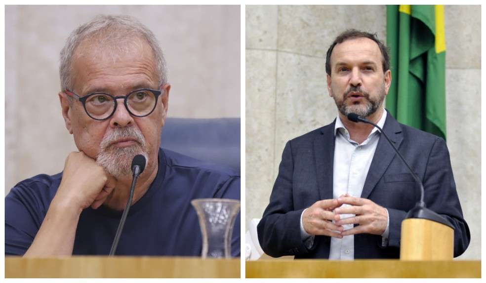 Os vereador Ricardo Teixeira (União) e Celso Gianazzi (PSOL), que disputam a presidência da Câmara Municipal de SP neste 1 de janeiro de 2025. — Foto: Montagem/g1/Rede Câmara