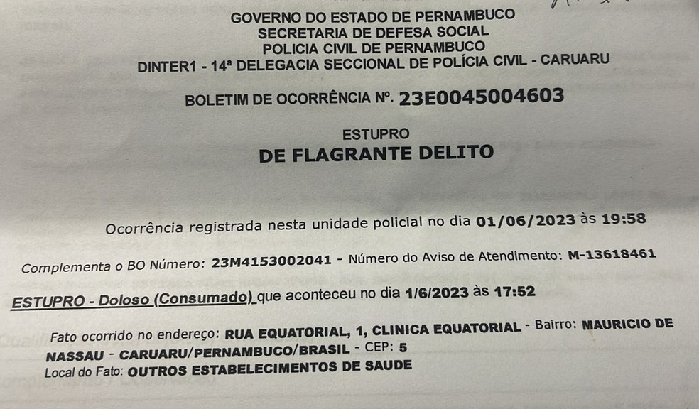 Boletim de ocorrência contra o ginecologista foi registrado em Caruaru — Foto: Reprodução