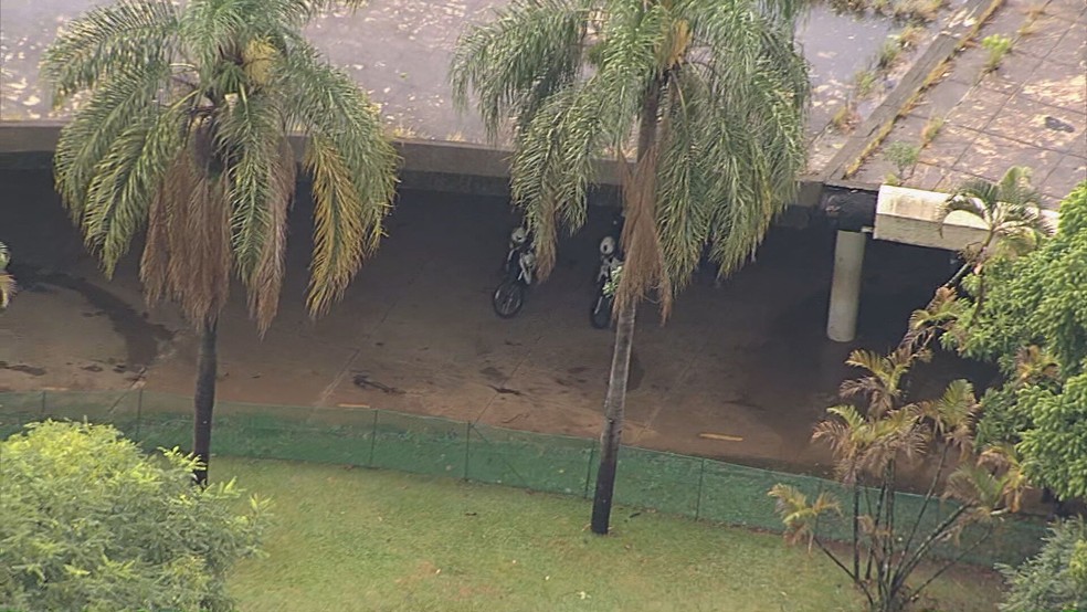 Parte de estrutura metálica de marquise do Parque Ibirapuera cai após chuva forte — Foto: Reprodução/TV Globo