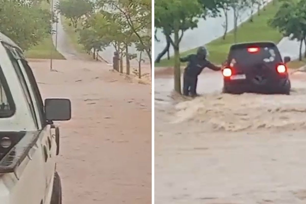 Motociclista tem moto arrastada e se agarra a poste para escapar de enxurrada em Nova Odessa; VÍDEO