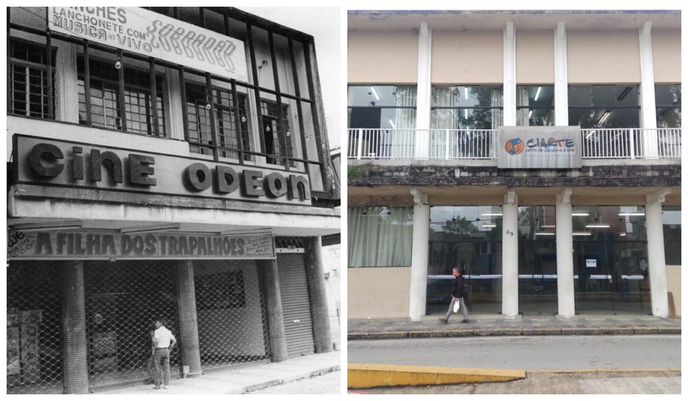 Ciarte ocupa hoje prédio onde ficava o Cine Odeon na Rua Ricardo Vilela em Mogi das Cruzes — Foto: Montagem (Arquivo Pessoal/ Chico Ornellas e Ralph Siqueira)