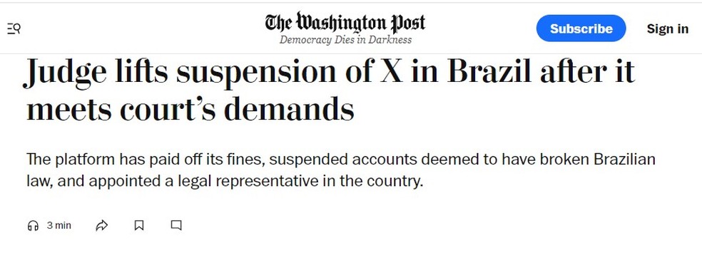 Reportagem do Washington Post sobre o desbloqueio do X no Brasil — Foto: Reprodução