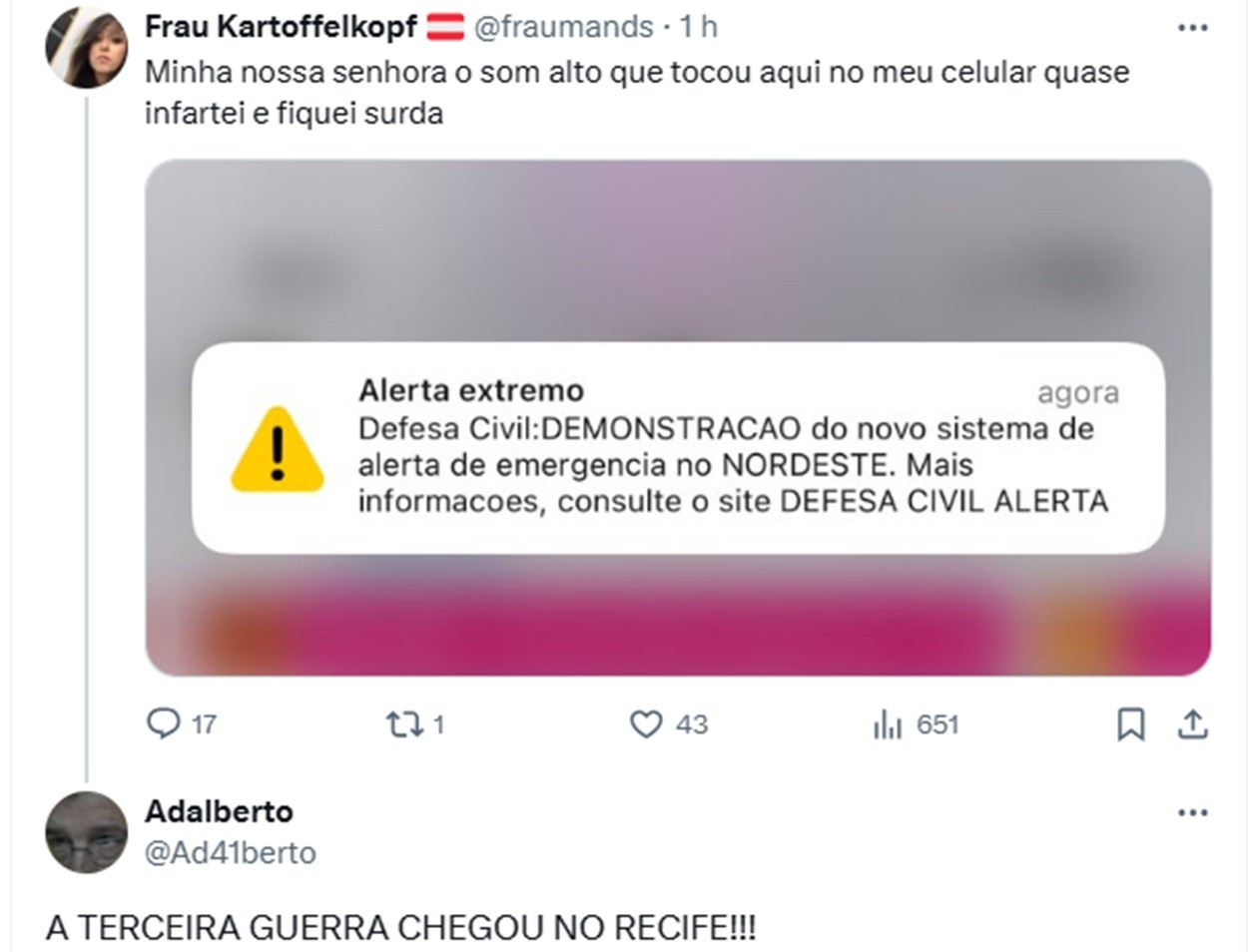 Moradores do Recife se assustam com teste da Defesa Civil e fazem memes na internet: 'bomba atômica do Irã', 'Terceira Guerra' e 'furacões na Flórida'