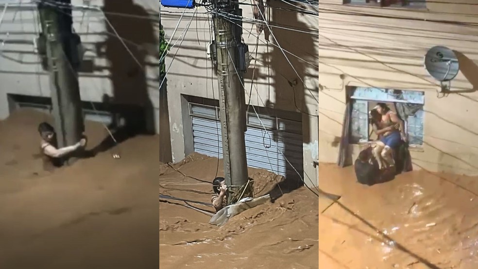 Após se segurar por três horas no poste, Edna foi resgatada sob aplausos dos vizinhos  — Foto: Redes sociais/Reprodução