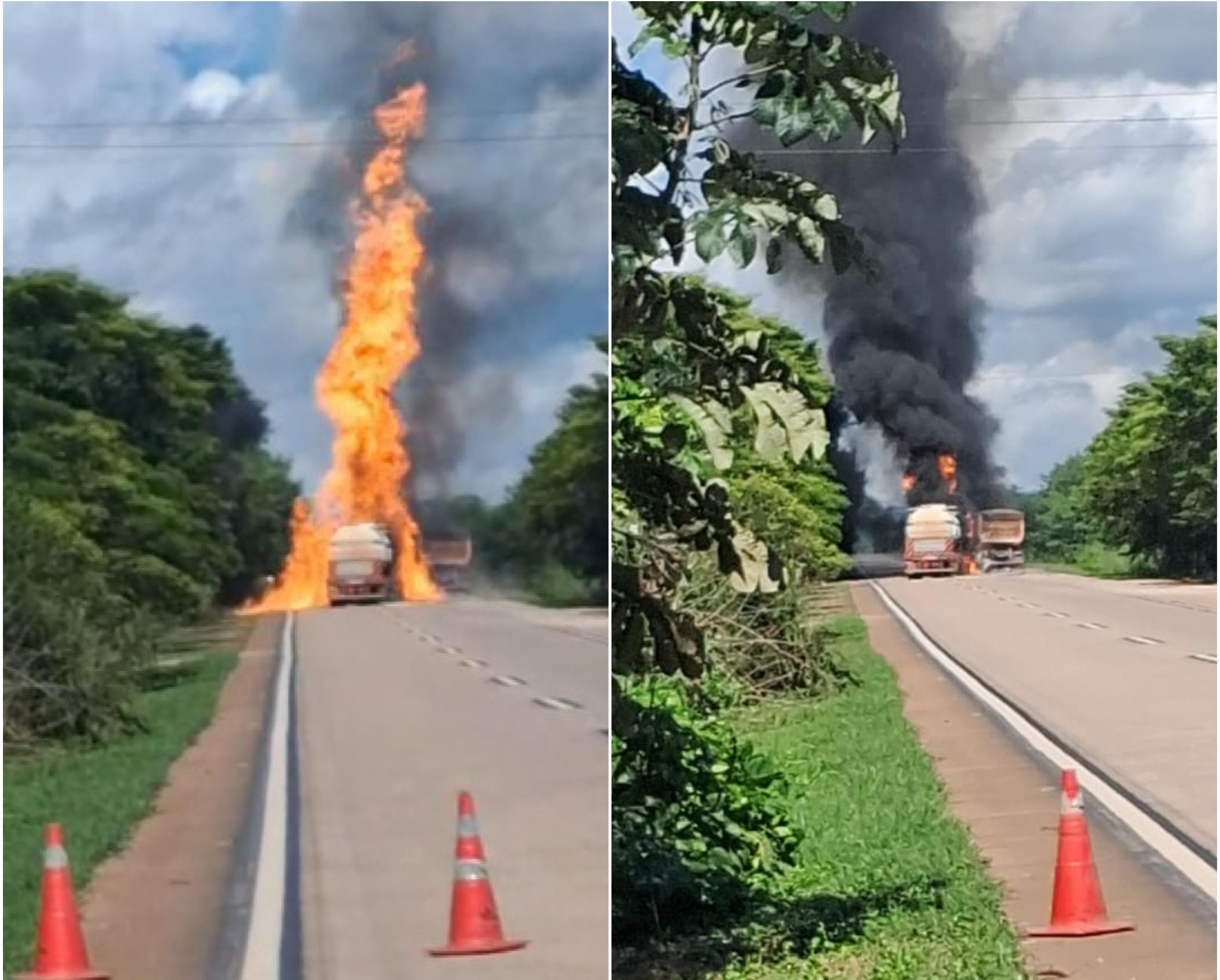 Carreta que transportava etanol pega fogo e interdita estrada após acidente em MT; vídeo