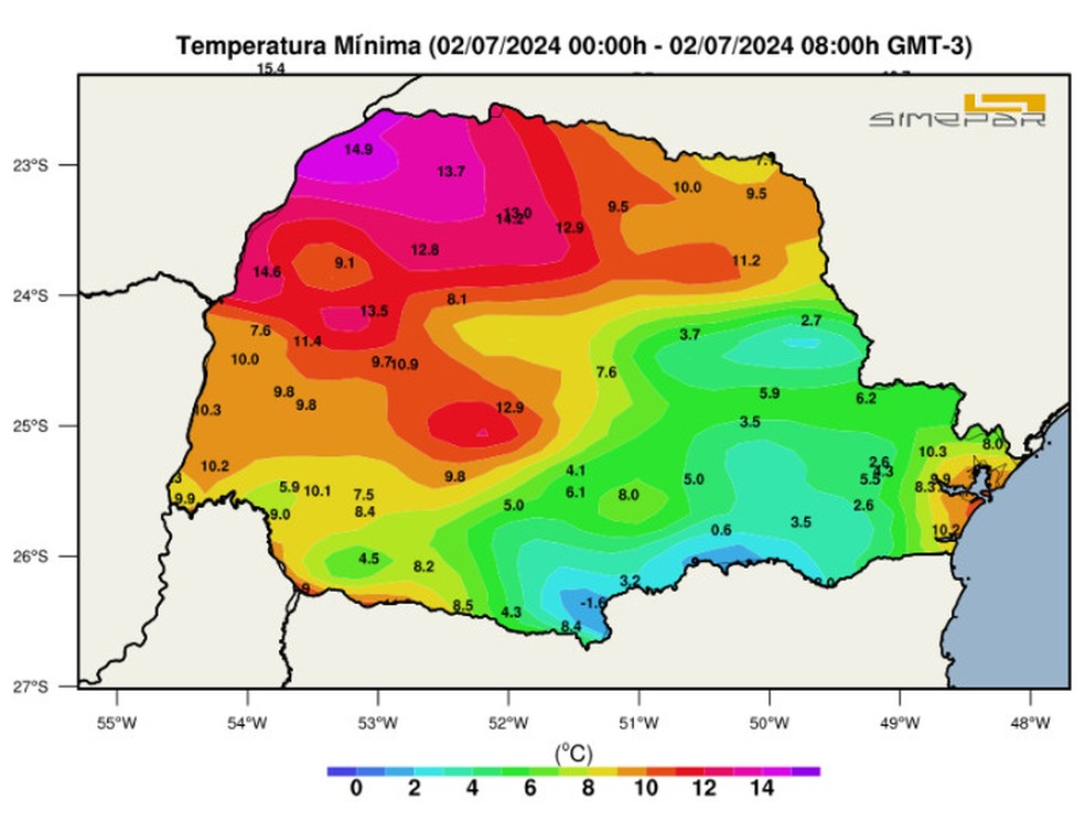 Temperaturas mínimas desta terça-feira (2), segundo o Simepar — Foto: Reprodução