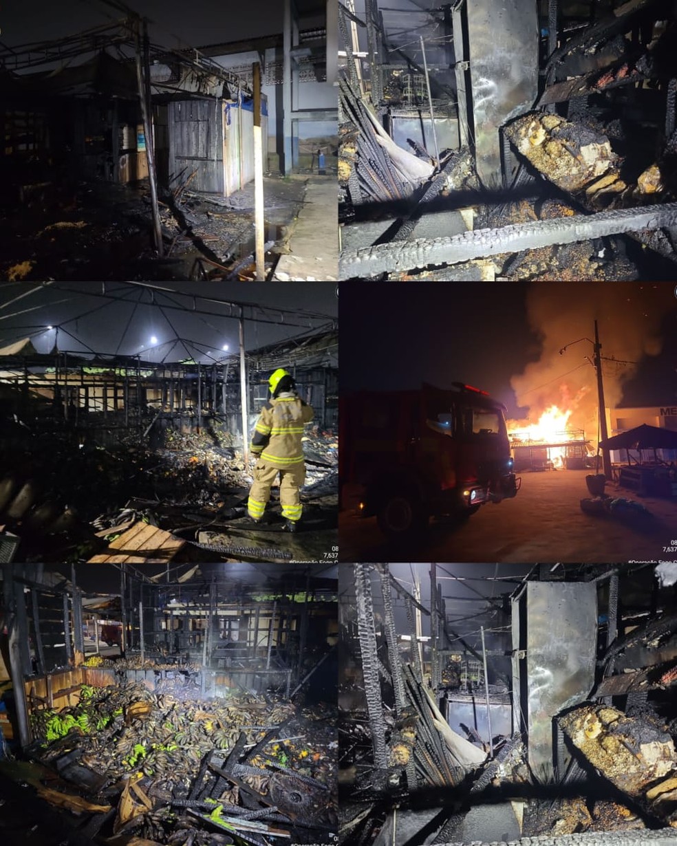 Barracas no mercado do peixe em Cruzeiro do Sul pegaram fogo — Foto: Asscom/CBMAC