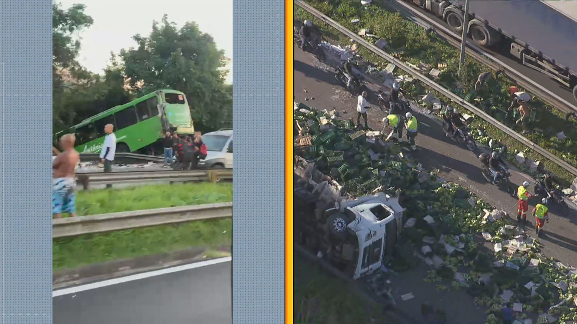 Acidente entre ônibus e carreta de bananas interdita a BR-116, em Magé