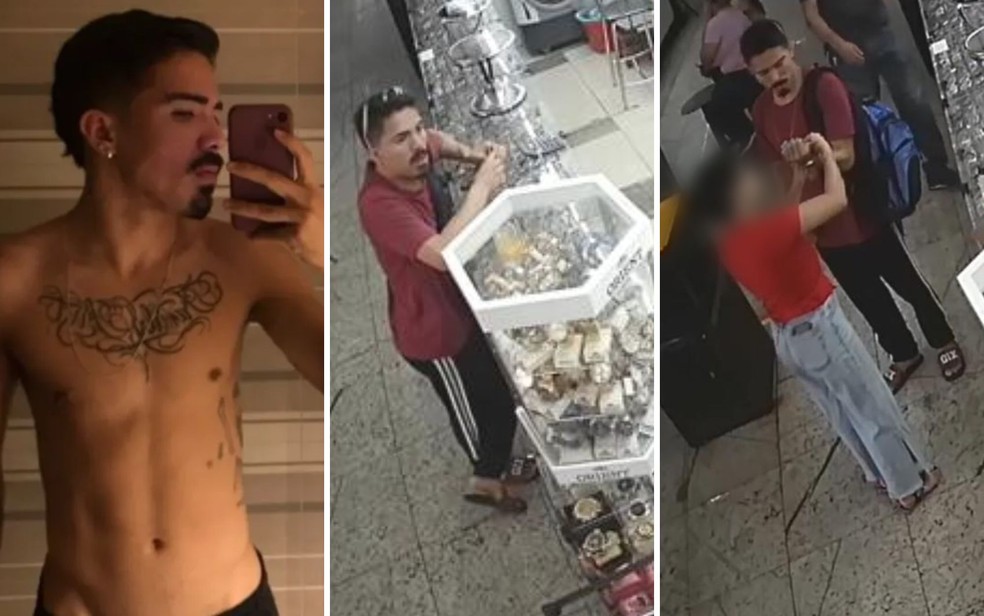 José Henrique, preso suspeito por suspeita de homicídio, e o momento em que ele negocia relógios em comercio de Goiânia, Goiás — Foto: Reprodução/Redes Sociais e Reprodução/Câmeras de segurança
