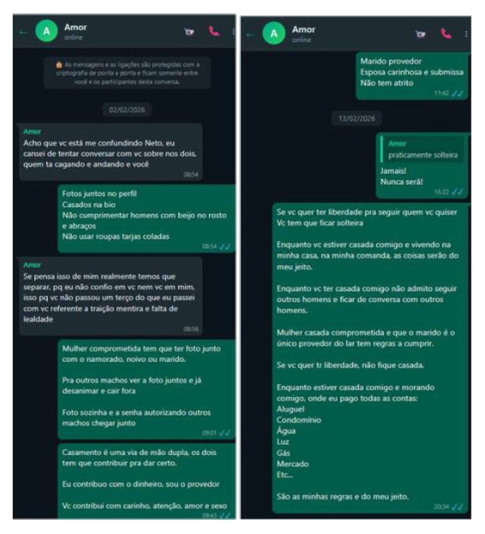 Coronel mandou mensagem a esposa ordenando que ela seguisse as regras dele e que 'jamais' seria solteira — Foto: Reprodução