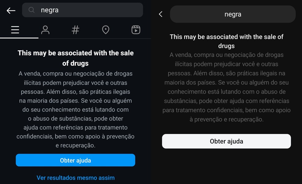 Buscas no Instagram e no Threads dizezm que a palavra 'negra' pode estar associada com a venda de drogas — Foto: Reprodução