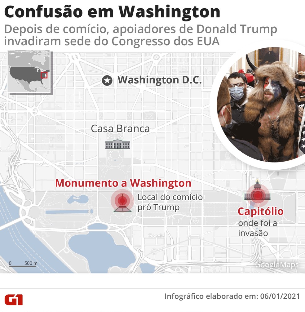 MAPA: invasão ao Capitólio, em Washington — Foto: Wagner Magalhãs/G1