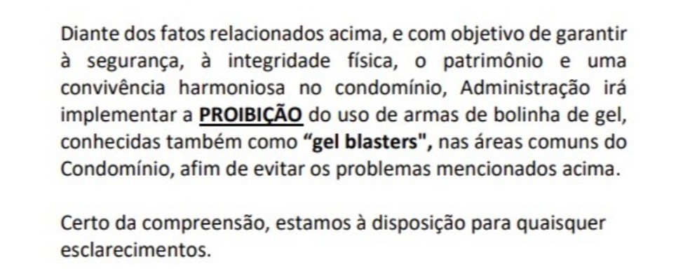 Trecho da circular de um condomínio de Vitória proibindo armas de gel — Foto: Reprodução