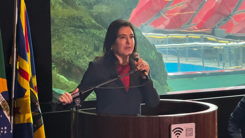 Simone Tebet anuncia disputa pelo Senado em SP durante evento em Mato Groso do Sul. — Foto: Caio Tumelero/TV Morena