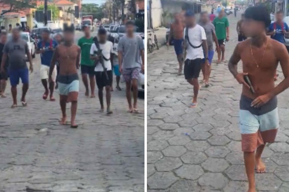 Homens armados são flagrados 'desfilando' em morro no litoral de SP — Foto: Reprodução