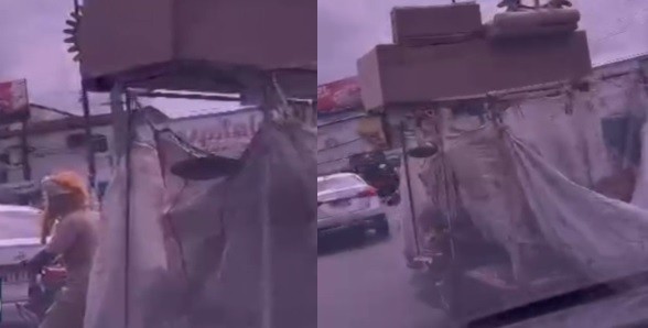 VÍDEO: Motociclista é flagrado com gorro de pelúcia no lugar de capacete e carregando sofá na Grande Belém