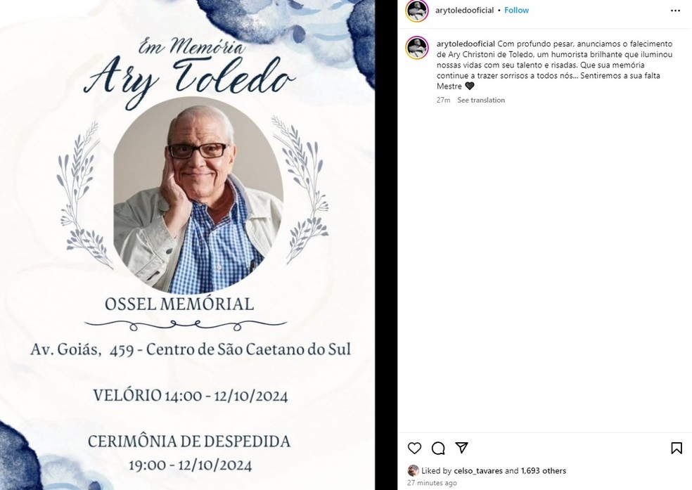 Perfil oficial de Ary Toledo confirma morte do humorista de 87 anos. — Foto: Reprodução/Instagram