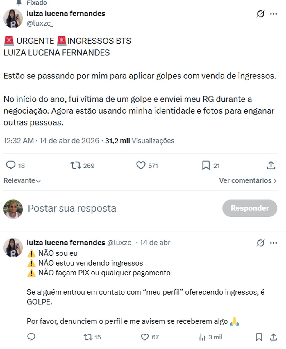 Vítima de golpe de roubo de dados alerta seguidores em publicação no X. — Foto: Reprodução/X