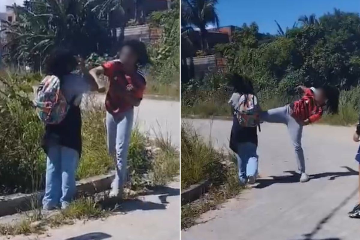 Aluna de 13 anos agride colega com socos e chutes na saída de escola no litoral de SP; VÍDEO 