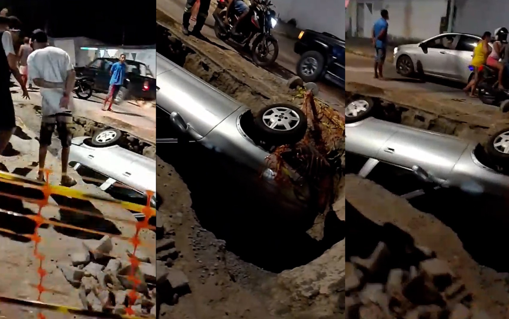 VÍDEO: carro cai em buraco de obra e fica inclinado em rua de Feira de Santana