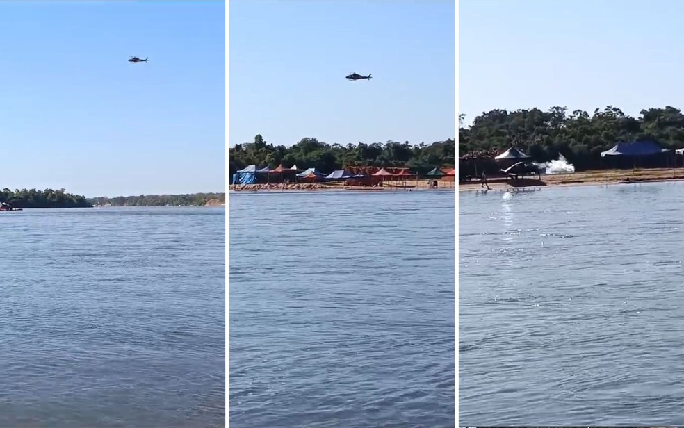 Vídeo mostra momento em que helicóptero dos bombeiros faz pouso forçado no Rio Araguaia, Goiás — Foto: Reprodução/Redes Sociais