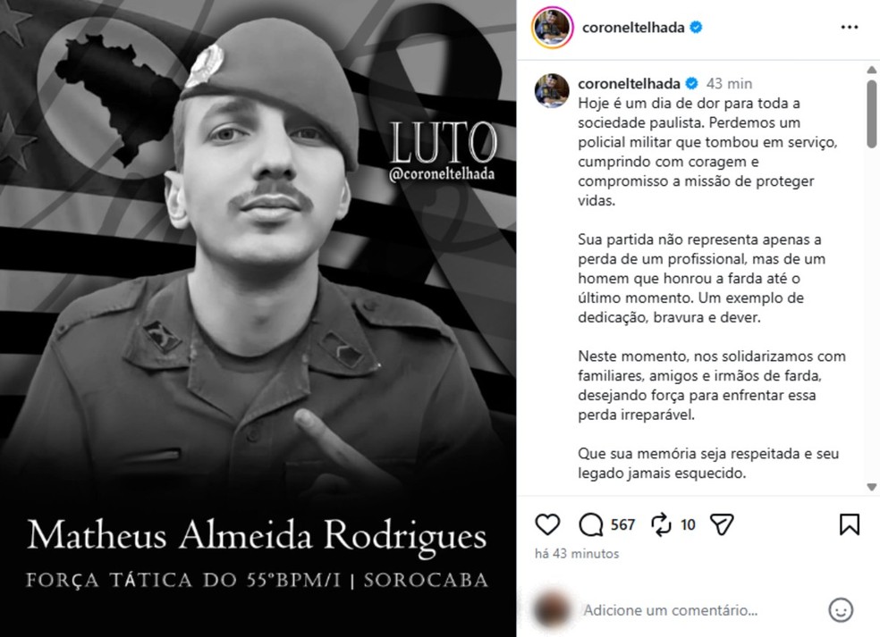 PM Matheus Almeida Rodrigues foi baleado na cabeça durante assalto a farmácia em Sorocaba (SP) — Foto: Reprodução/Redes sociais