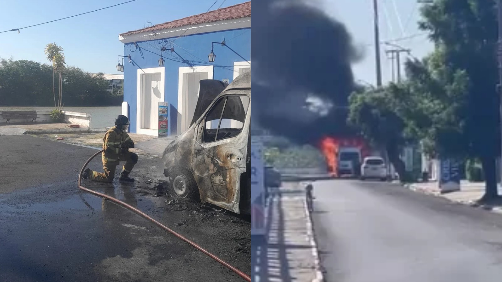 Vídeo: Van pega fogo e fica destruída em área próxima ao Porto das Barcas, no litoral do Piauí