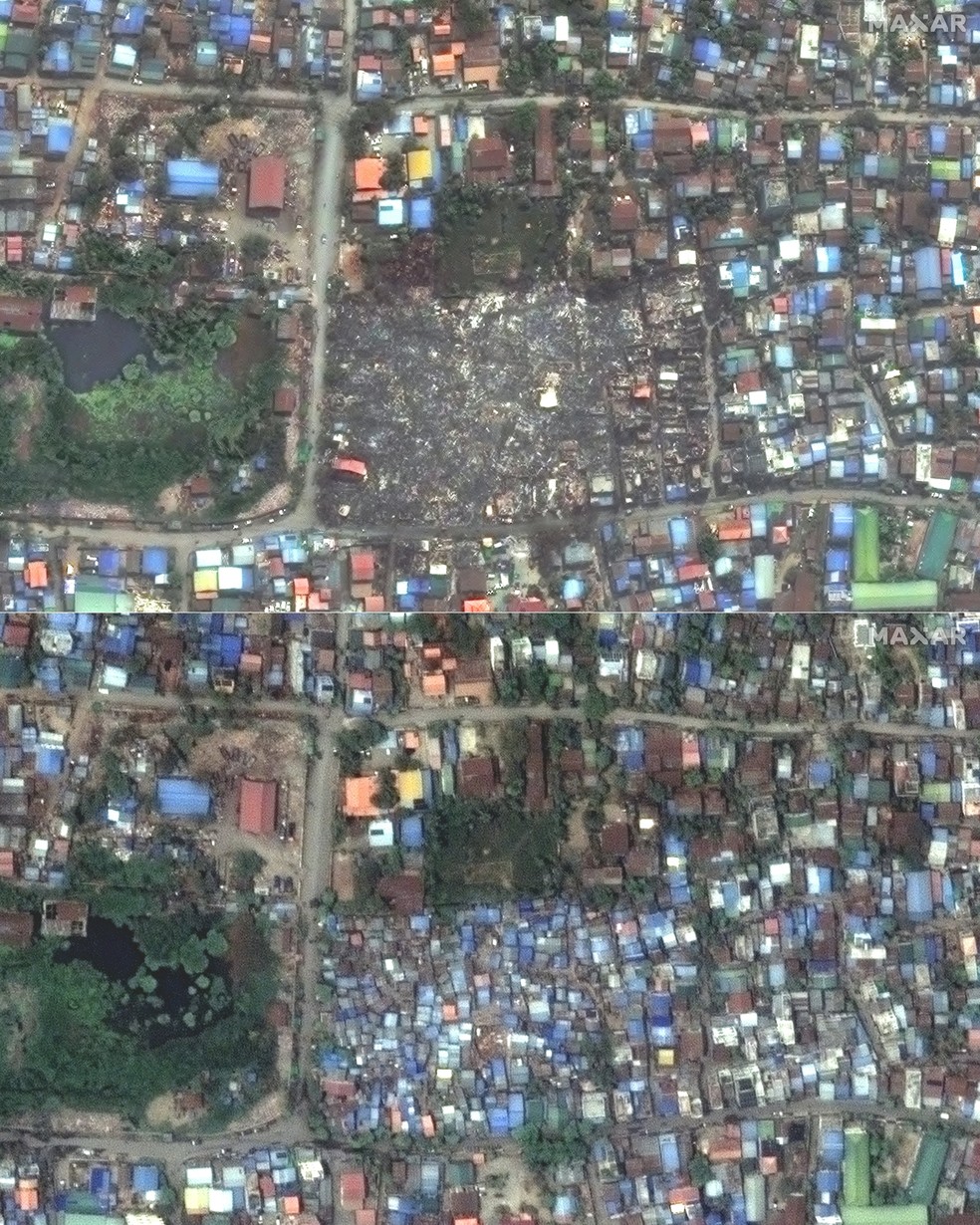 Esta combinação de imagens de satélite divulgadas pela Maxar Technologies em 29 de março de 2025 mostra barracos e edifícios desabados e destruídos (acima) em Mandalay, Mianmar, após o terremoto de 27 de março de 2025, e a mesma área em 23 de março (abaixo). — Foto: Handout / Satellite image ©2025 Maxar Technologies / AFP