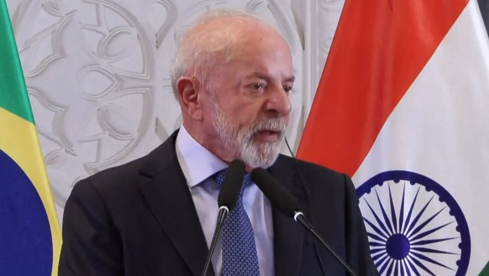 Lula em coletiva na Índia — Foto: Reprodução/Reuters