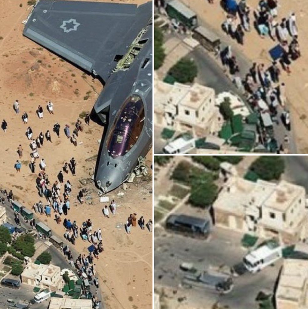 Foto falsa de caça israelense apresenta inconsistências em relação ao tamanho de pessoas e veículos. — Foto: Reprodução
