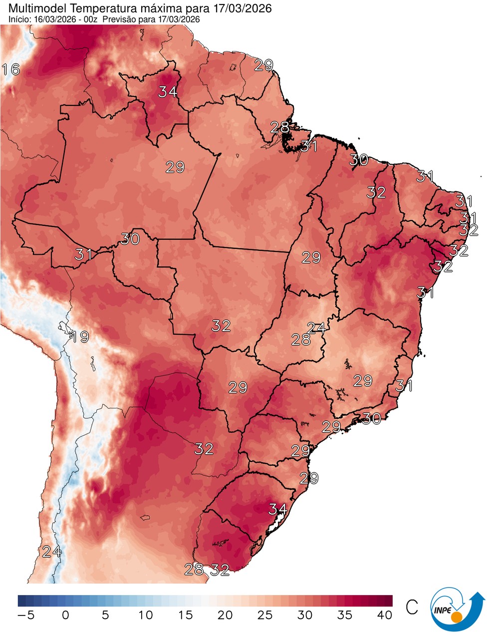 Mapa mostra previsão de temperatura máxima para esta terça (17). — Foto: CPTEC/Inpe