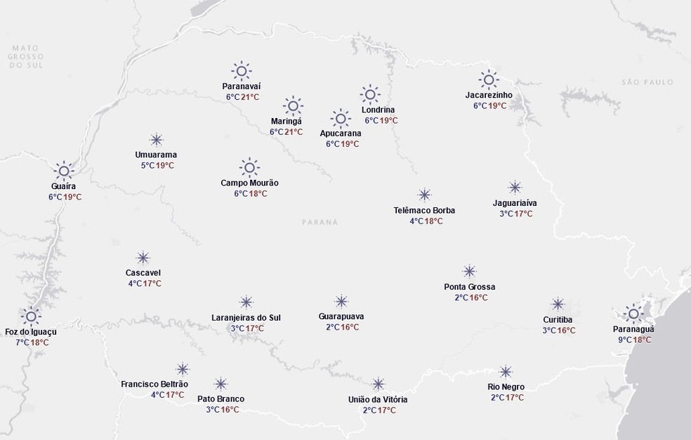 Previsão do tempo do Simepar para este domingo, 10 de agosto — Foto: Reprodução/Simepar