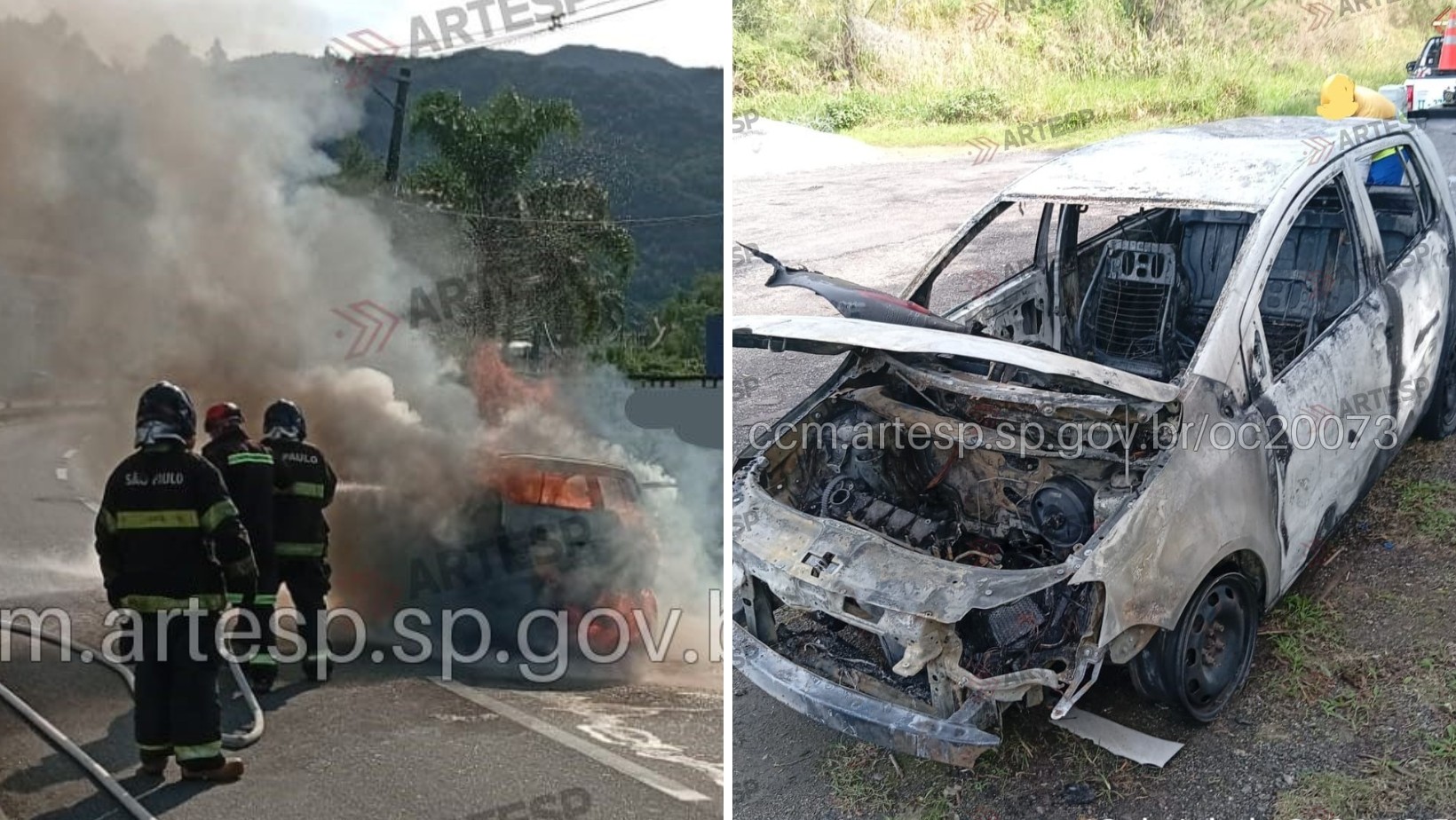Carro pega fogo e mobiliza bombeiros na Rodovia dos Tamoios, em Caraguatatuba