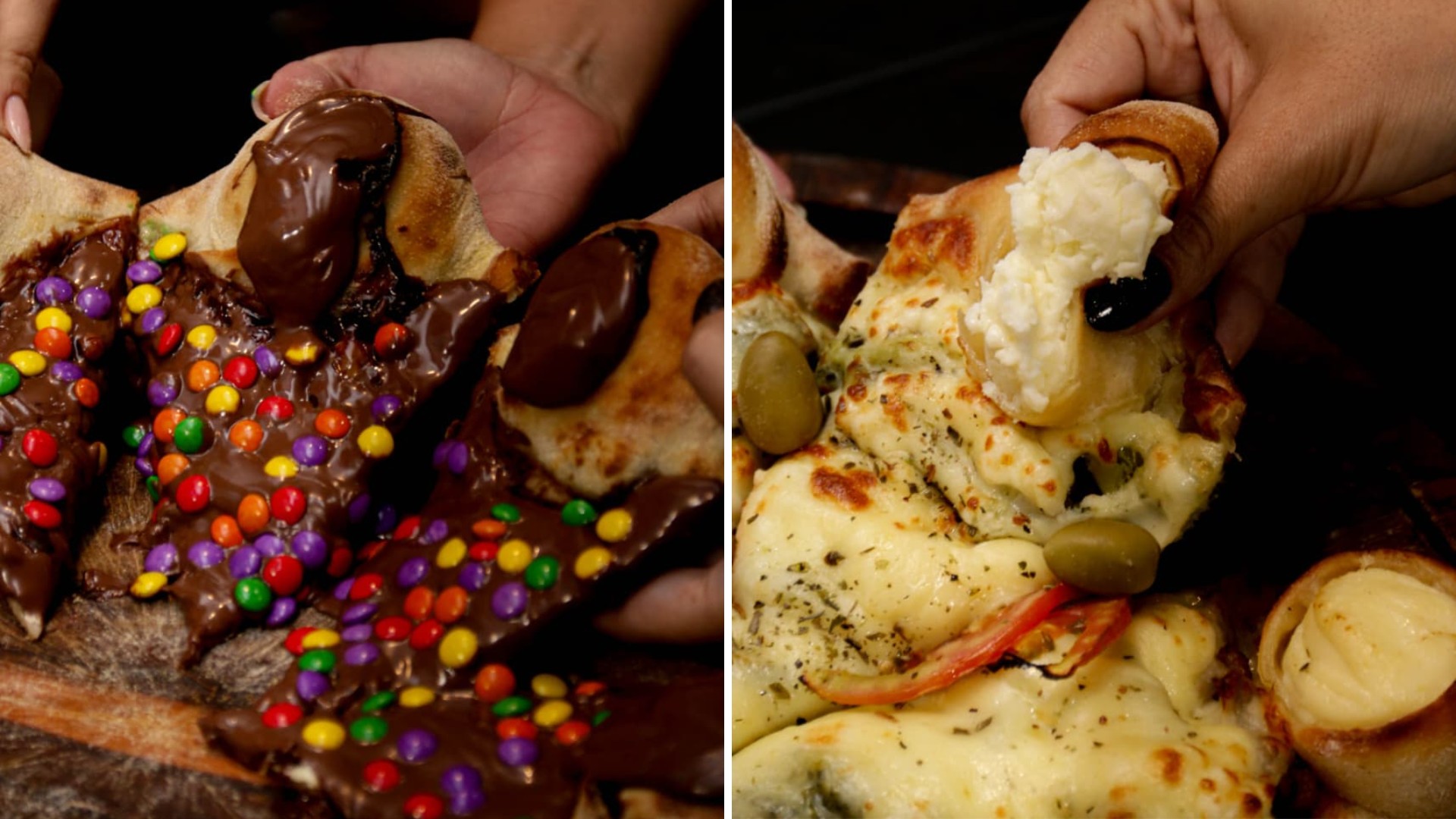 Borda 'vulcão' de chocolate une pizza salgada e sobremesa na mesma fatia: 'Amor à primeira mordida', brinca gerente