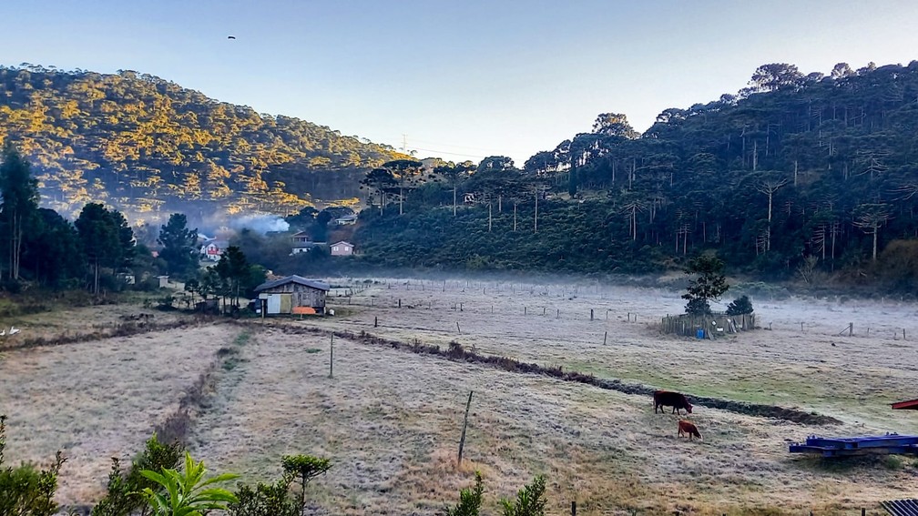 Amanhecer em Bom Jardim da Serra, nesta segunda-feira (31), com geada — Foto: Sérgio Rodrigues/Arquivo Pessoal