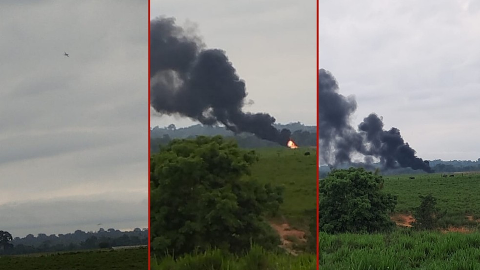 Avião de pequeno porte caiu e pegou fogo na zona rural de Juara (MT) — Foto: Reprodução