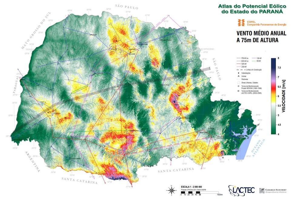 Vento médio anual a 50 metros de altura no Paraná — Foto: Reprodução
