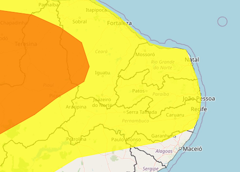 Todo o estado da Paraíba está sob alerta de perigo potencial por causa das chuvas intensas nesta segunda-feira (22) — Foto: Inmet/Reprodução