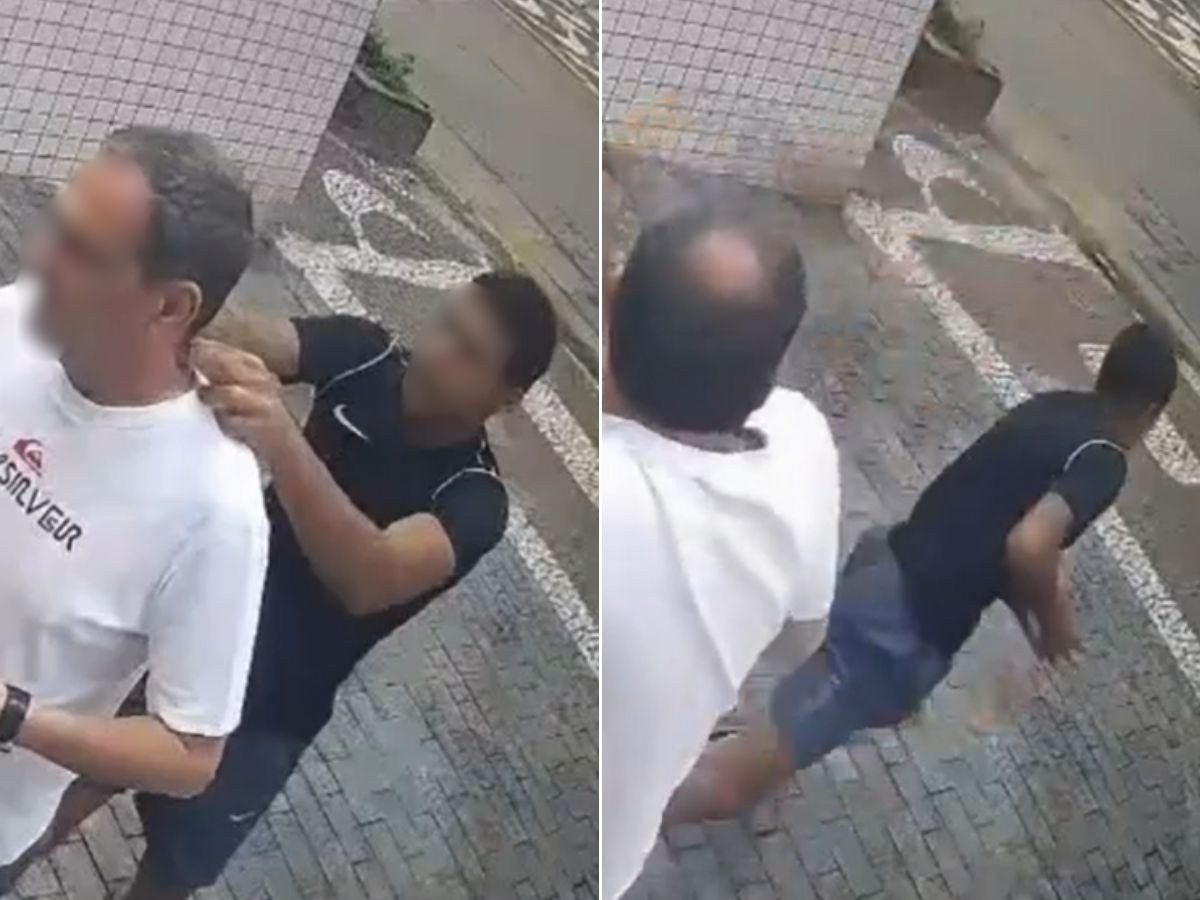Homem tem corrente roubada antes de entrar em prédio no litoral de SP; VÍDEO