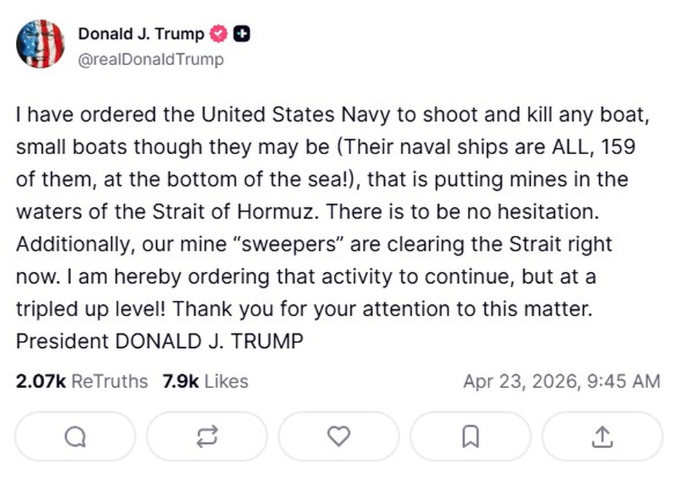 Post de Trump na Truth Social — Foto: Reprodução