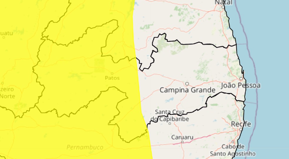 Inmet renova alerta amarelo para cidades da Paraíba — Foto: Reproduçãoo/Inmet