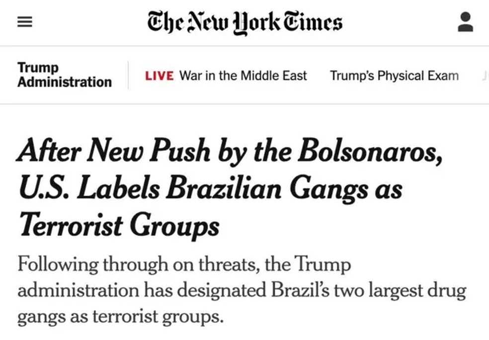 Jornal americano New York Times destacou press�o da fam�lia Bolsonaro na decis�o de Washington � Foto: Reprodu��o