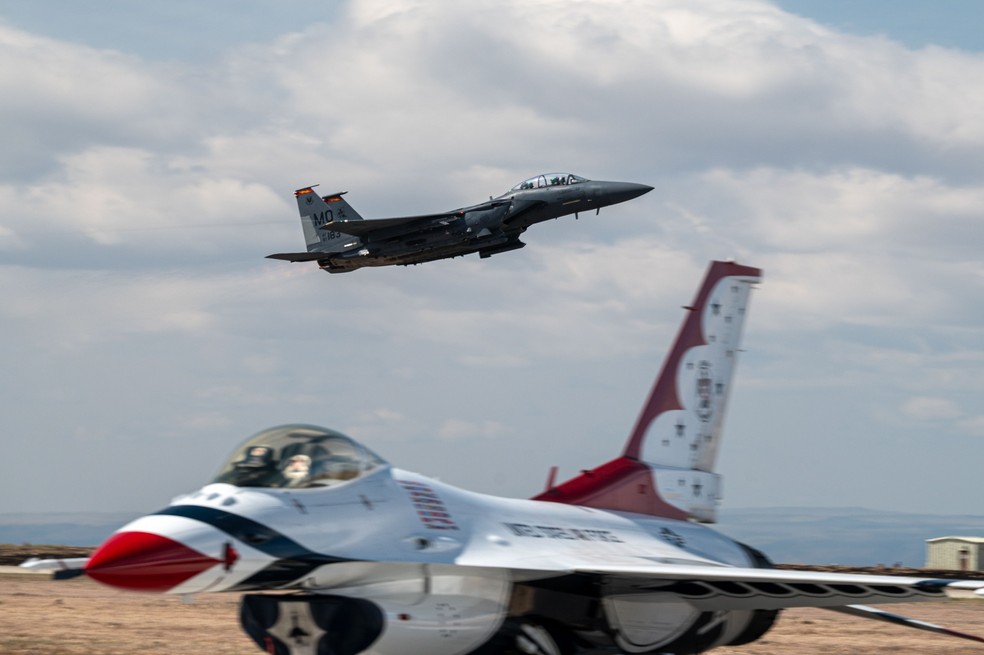 Caças usados na apresentação do Mountain Home Air Force Base Gunfighters — Foto: Divulgação