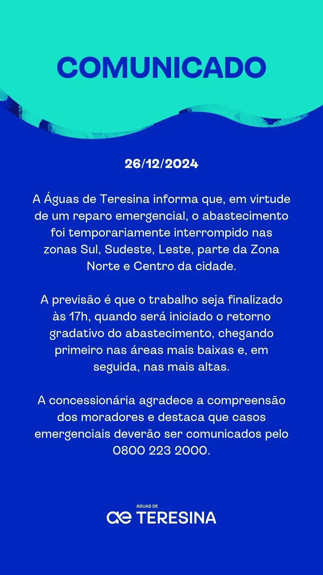 Bairros de Teresina ficam sem abastecimento de água durante reparo de emergência