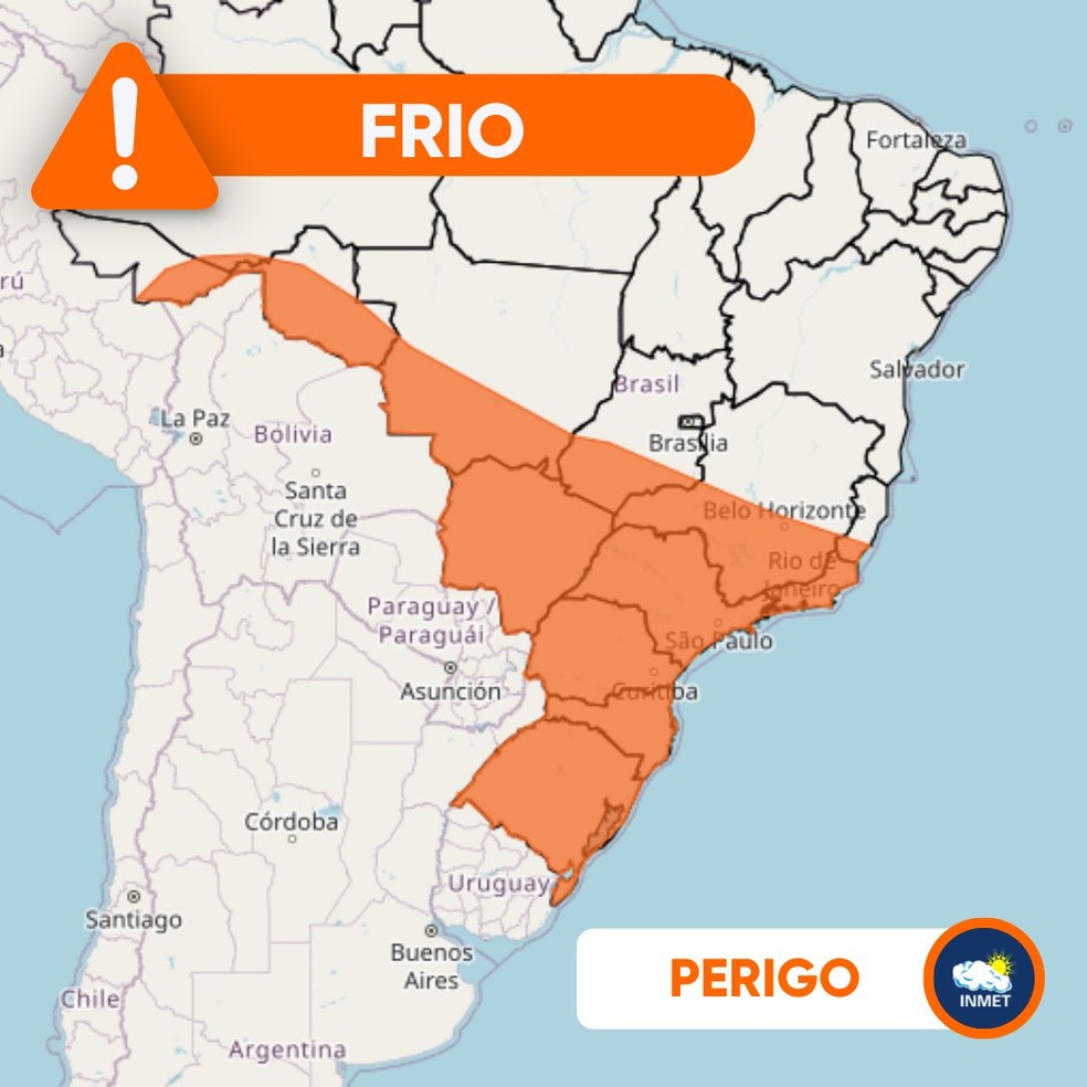 Previsão de baixas temperaturas em estados do Centro-Sul para este sábado (15). — Foto: Inmet